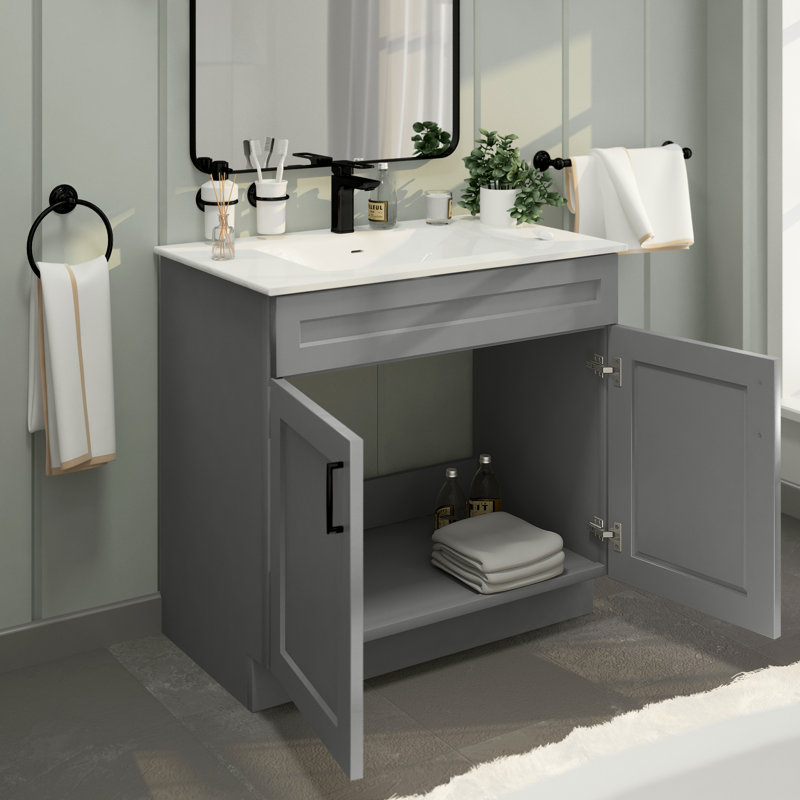 Base de meuble-lavabo simple 36 po gris, Shaker gris clair