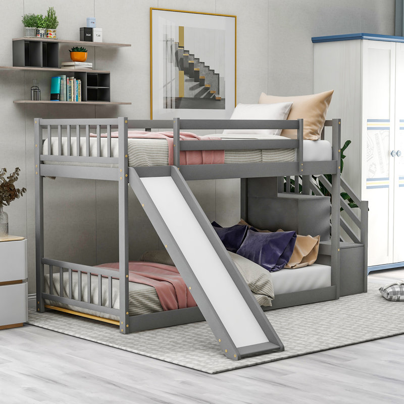 Lit superposé simple au-dessus de simple avec glissière et escalier Aslam, gris