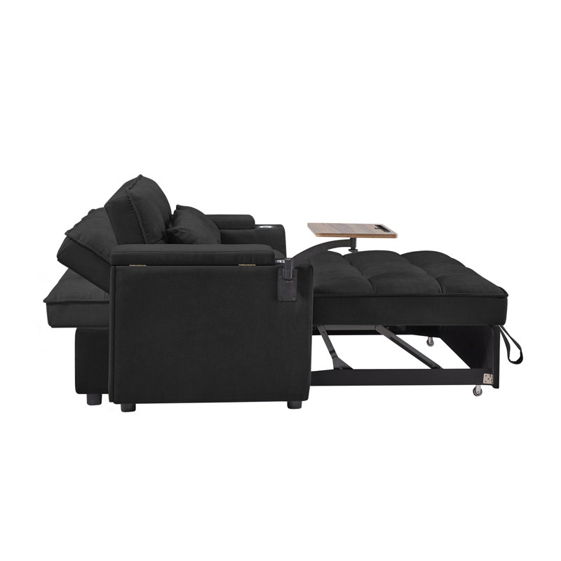 Jubilo Fabric 70'' Chenille Loveseat Sleeper Sofa Bed with Storage Armrest ,USB Port ,Side Table, Black