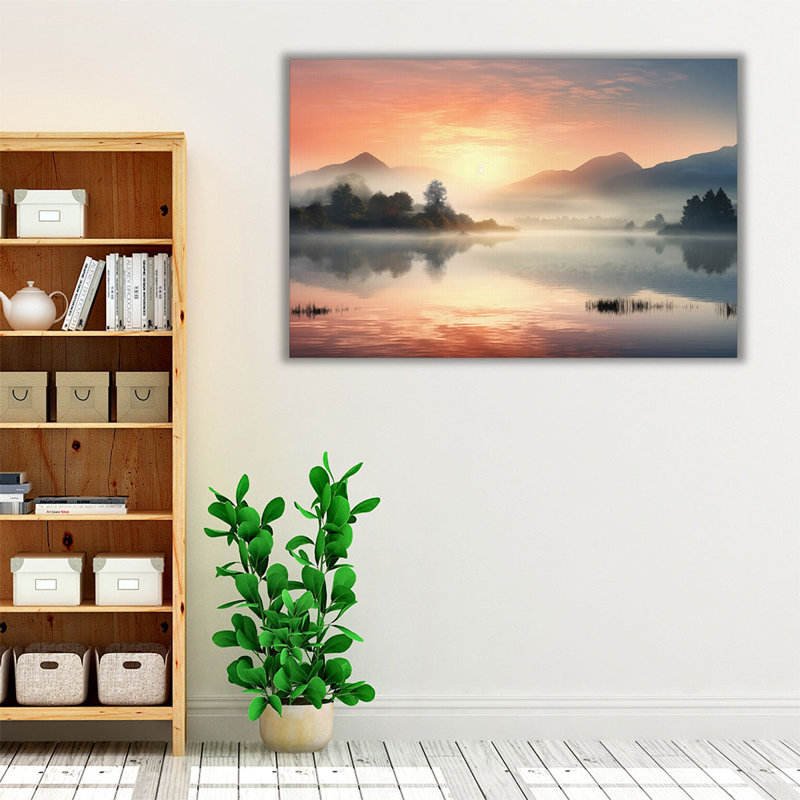"Lac brumeux au lever du soleil", H 20 po x l 30 po