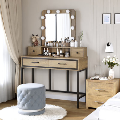 Vanity Desk with Mirror and Lights, Makeup Vanity Desk with 3 Color Dimmable Lighted Hollywood Mirror