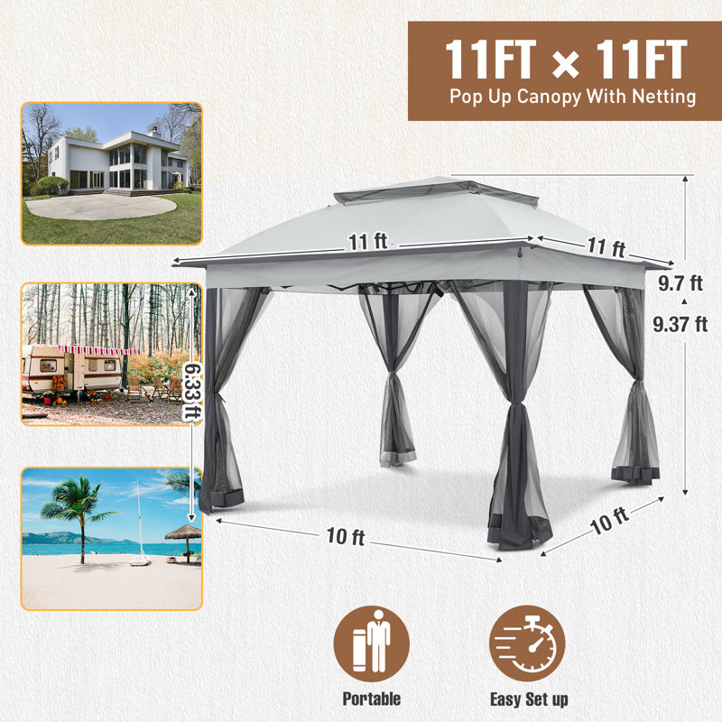 11 Ft. W x 11 Ft. D Pop Up Canopy Patio Gazebo with Mesh Wall, Gray