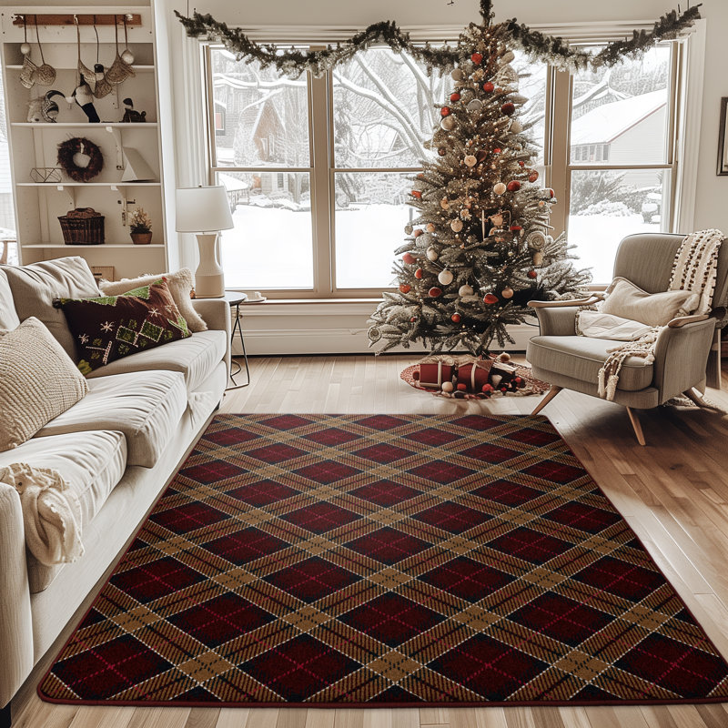 Christmas Plaid Victorian Red, Red/Gold, Rectangle 3'10" x 5'4"