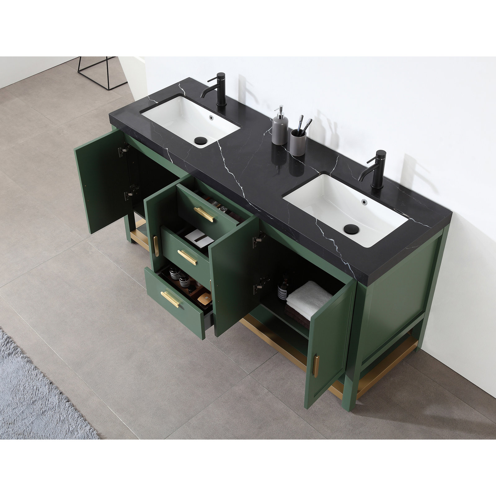Winchester 72'' Natural Wood Veneer Plywood Bathroom Vanity with Engineered Quartz Top, Forest Green, Black