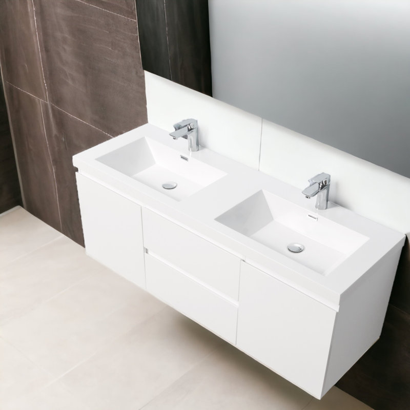 Meuble-lavabo double mural 59 po avec plateau en résine Stone Carol-Ann, Blanc lustré, Blanc