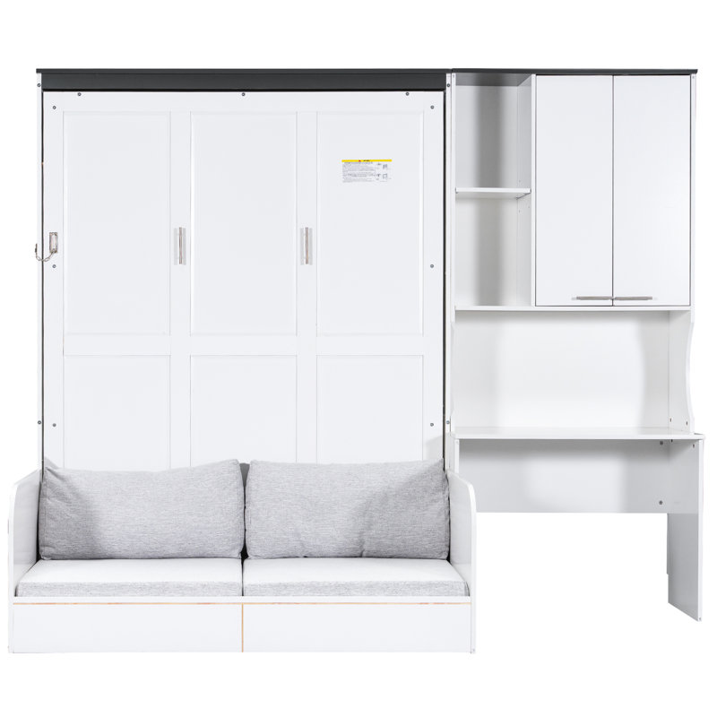 Grand lit avec rangement intégré, bureau et rangement, peu encombrant, couleur blanche, bois et coin salon moelleux pour travailler