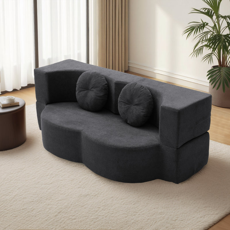 75.5" W Compression Floor Sofa Bed Convertible Velvet Boneless Sleeper Couch Futon Loveseat With Folding Design & Pillows, No Assembly Required