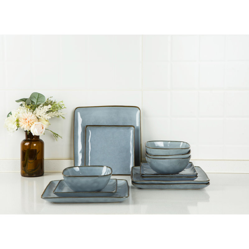 Stoneware Dinnerware Sets, 24-Piece Dish Set, Blue