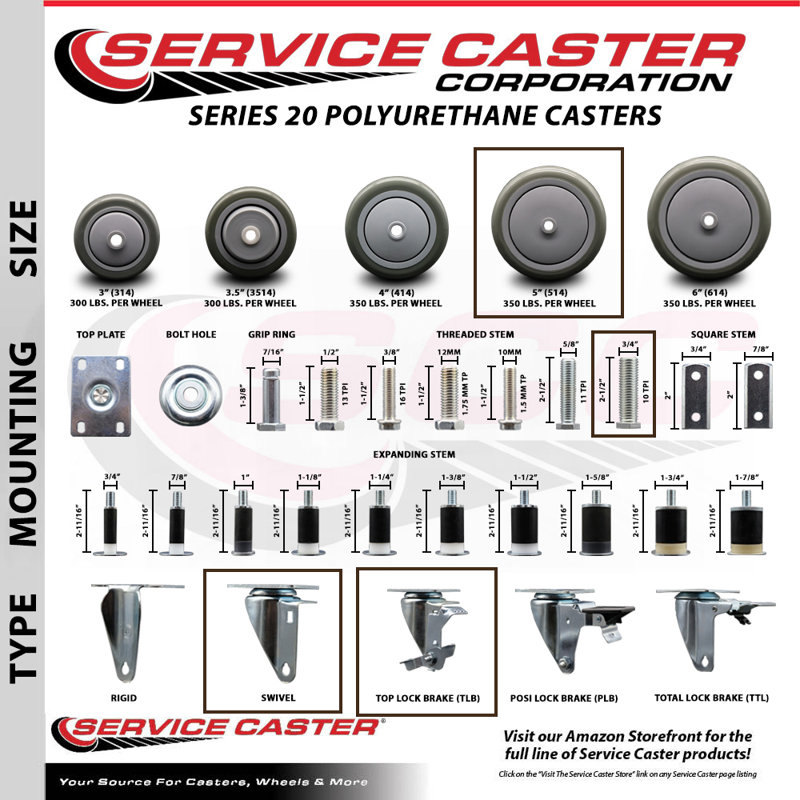 Polyurethane Swivel ½ Inch Threaded Stem Caster Set with Brake SCC
