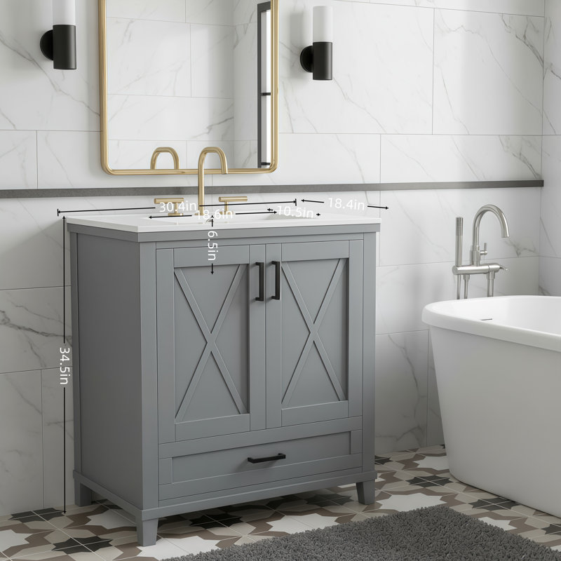 Ensemble de meuble-lavabo gris de 30 pouces avec comptoir de lavabo, portes à fermeture douce, tiroirs de séparation et tablettes de rangement à double couche.