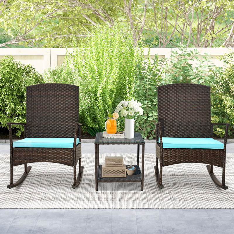 Red Barrel Studio® 3 Pieces Rocking Wicker Bistro Set Outdoor Front Porch Rocker Chairs Conversation Set, Turquoise