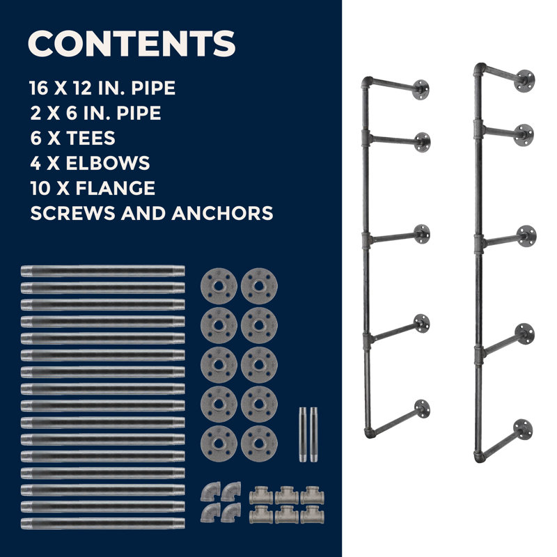 1/2 in. Black Steel Pipe 11.75 in. D x 72.5 in. H Floor Mounted 4-Tier Shelf Kit 1/2 in. Black Steel Pipe 11.75 in. D x 72.5 in. H Floor Mounted 4-Tier Shelf Kit