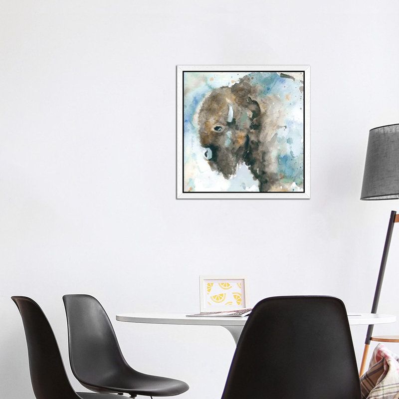 Buffalo On Blue by Carol Robinson - Floater Frame Painting on Canvas, 45.72 cm H x 45.72 cm W, White