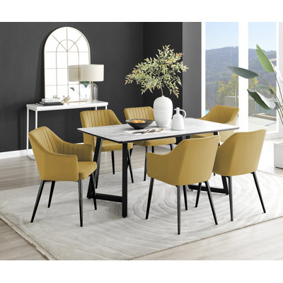 Industrial Design White & Grey Marble Effect Melamine Dining Table Set with 6 Velvet Dining Chairs