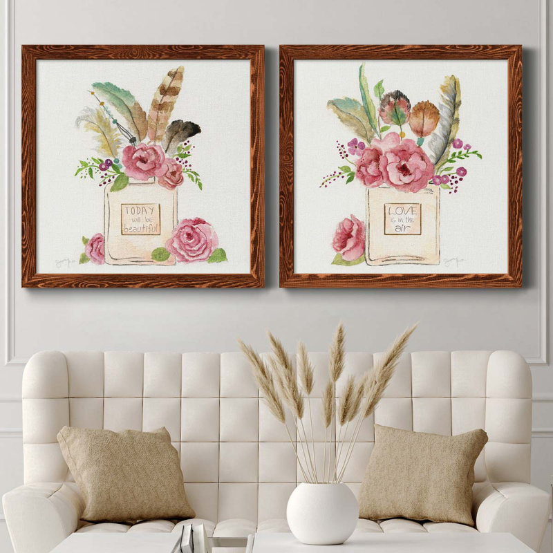 Boho Bouquet I - ensemble de 2 peintures sur toile encadrées, H 27,5 po x l 55 po x P 1,5 po, Cadre en érable