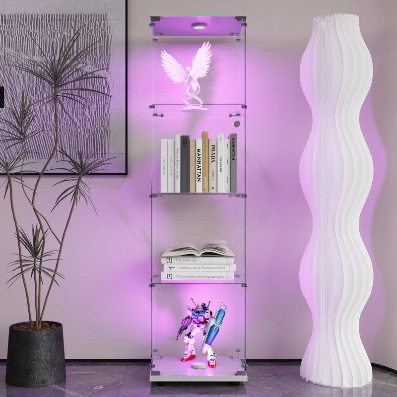 Vitrine à DEL avec 4 tablettes vitrées avec porte et bibliothèque au sol, Blanc