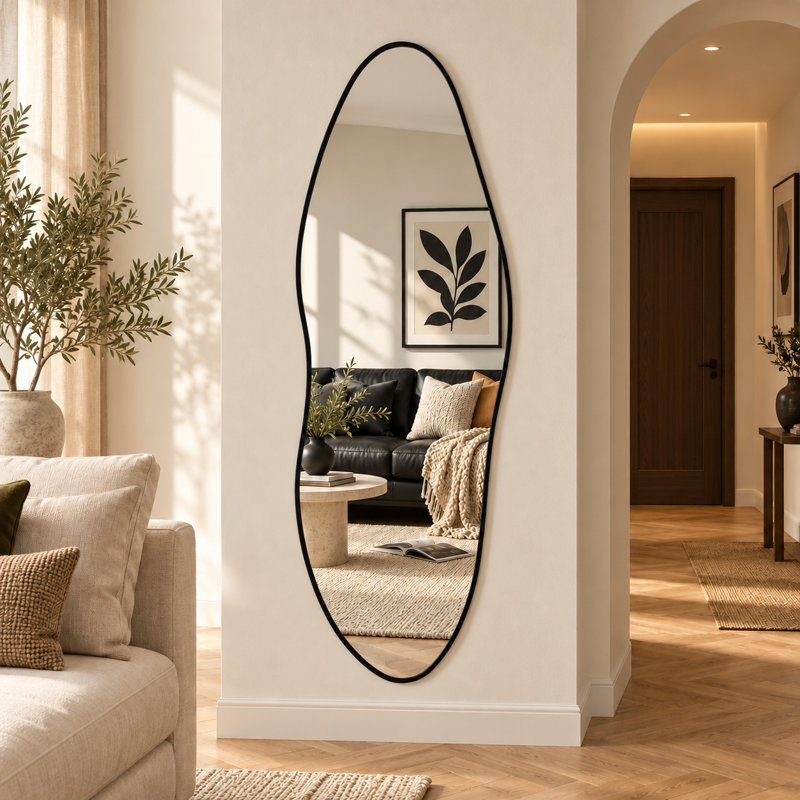 Miroir pleine longueur, 160 x 53 cm, forme irrégulière, cadre en aluminium