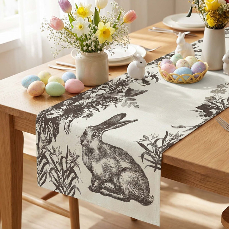 Chemin de table de Pâques à encre à motif floral lapin table de salle à manger de fête de fête à la ferme décor facile à nettoyer pliable 1 pièce