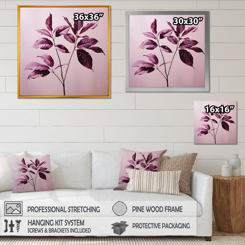 Impression sur toile, feuilles mauves et prune, Cadre simple argenté, H 16 po x l 16 po x P 1 po