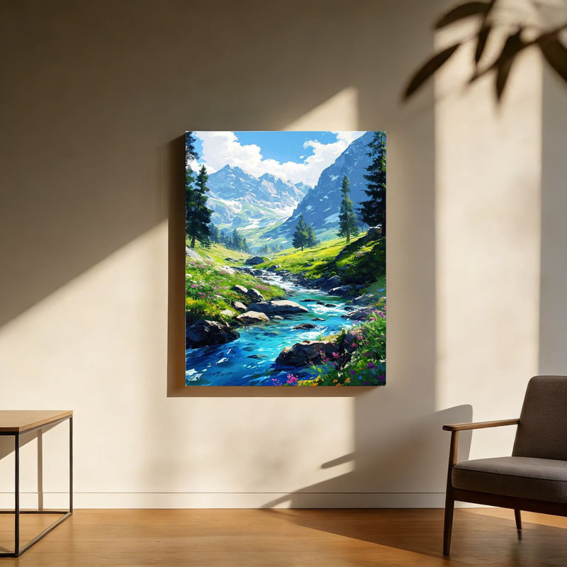 Alpine Valley Stream, Built-In Back Wood Frame Wall Art, 30 X 20