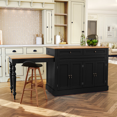 Kitchen Island with Retractable Table, Built-in Charging Station, and Lockable Wheels by Lark Manor