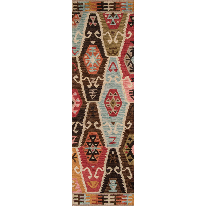 Tapis rouge / brun en laine touffeté à la main Adilet, Tapis de couloir 2 pi 3 po x 8 pi
