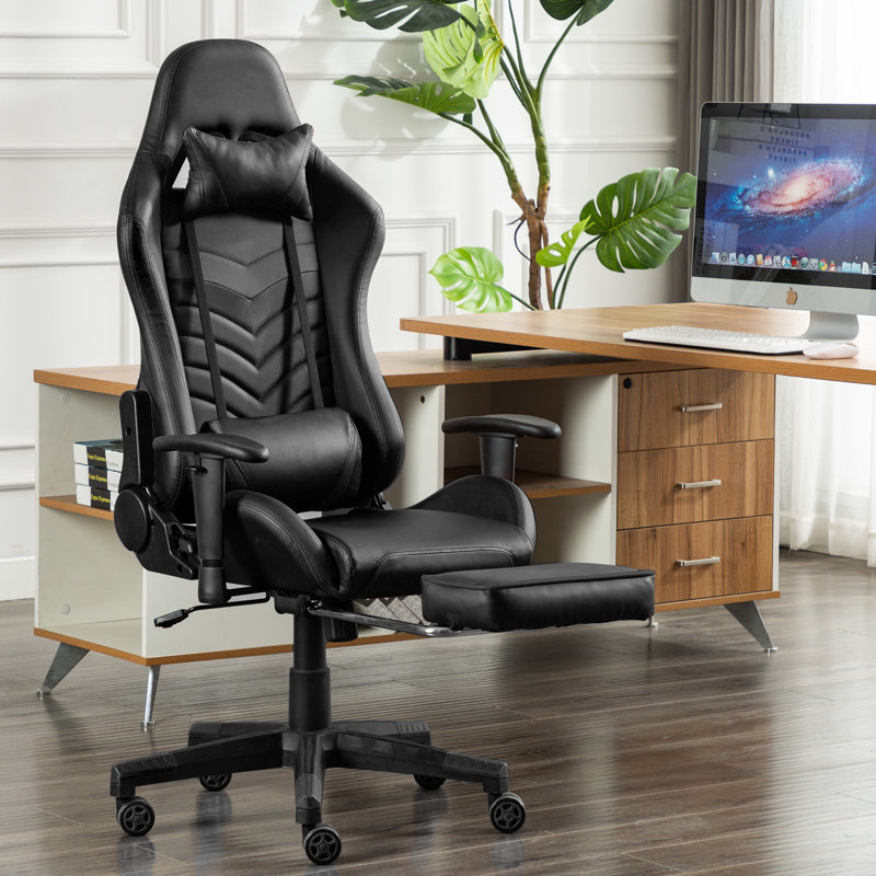 Inbox Zero Adjustable Reclining Ergonomic Faux Leather Swiveling PC & Racing Game Chair with Footrest, Black
