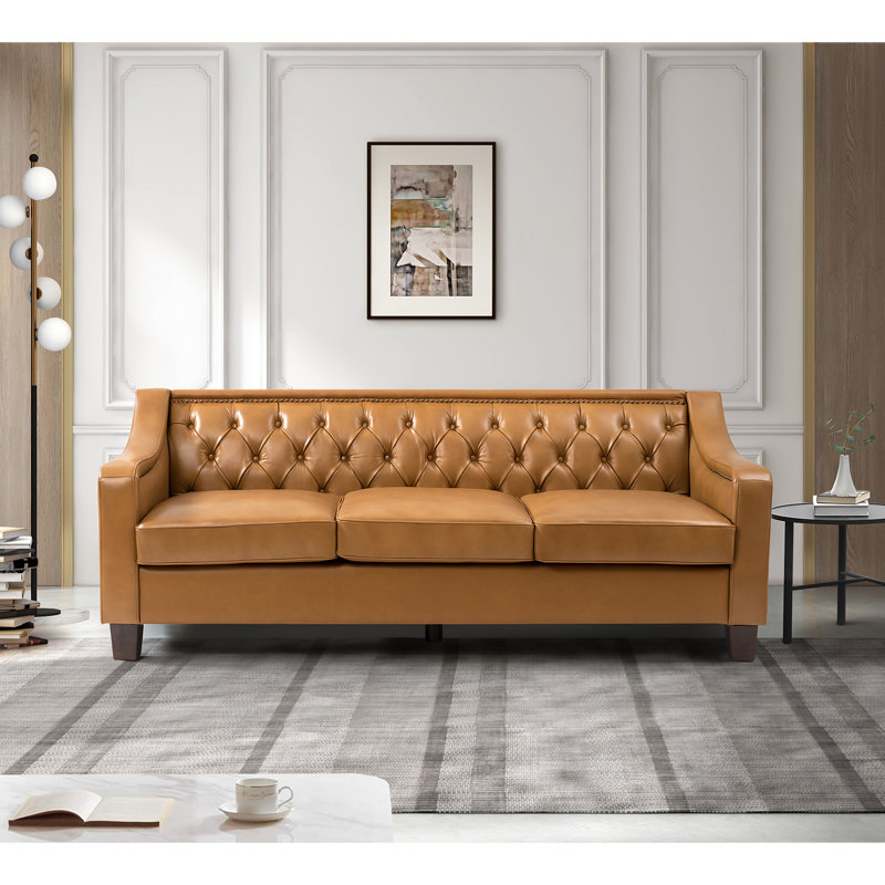 Canapé en cuir véritable avec accoudoirs inclinés de 82,28 po de large Raeburn, Cuir véritable chameau