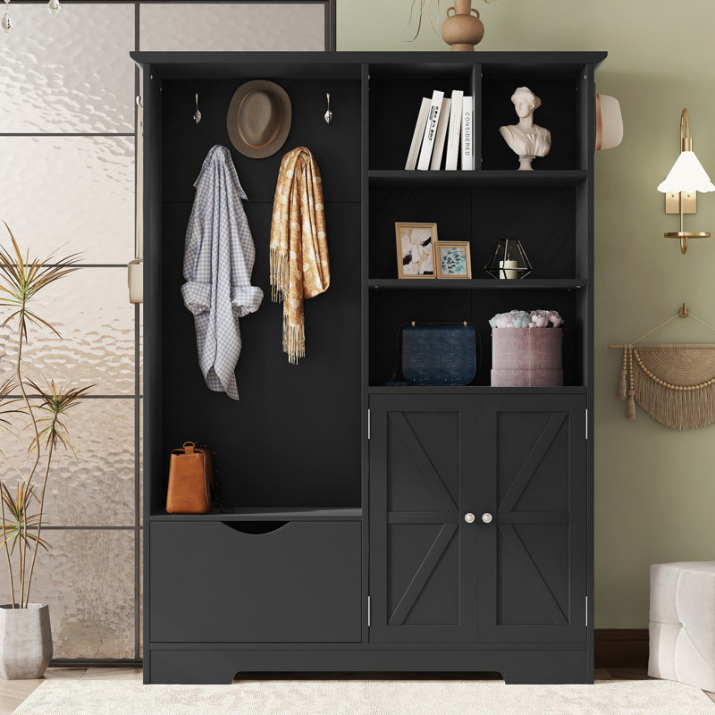 Arbre d'entrée multifonctionnel avec tablettes et tiroirs de rangement, armoire à chaussures élégante avec banc, portemanteau moderne avec crochets pour les entrées de couloir, noir