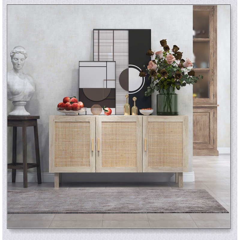Mixed 3 Rattan Doors Sideboard Buffet Cabinet, Natural