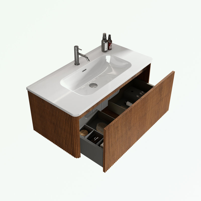 Meuble-lavabo mural avec lavabo et tiroir en céramique, Blanc/noyer