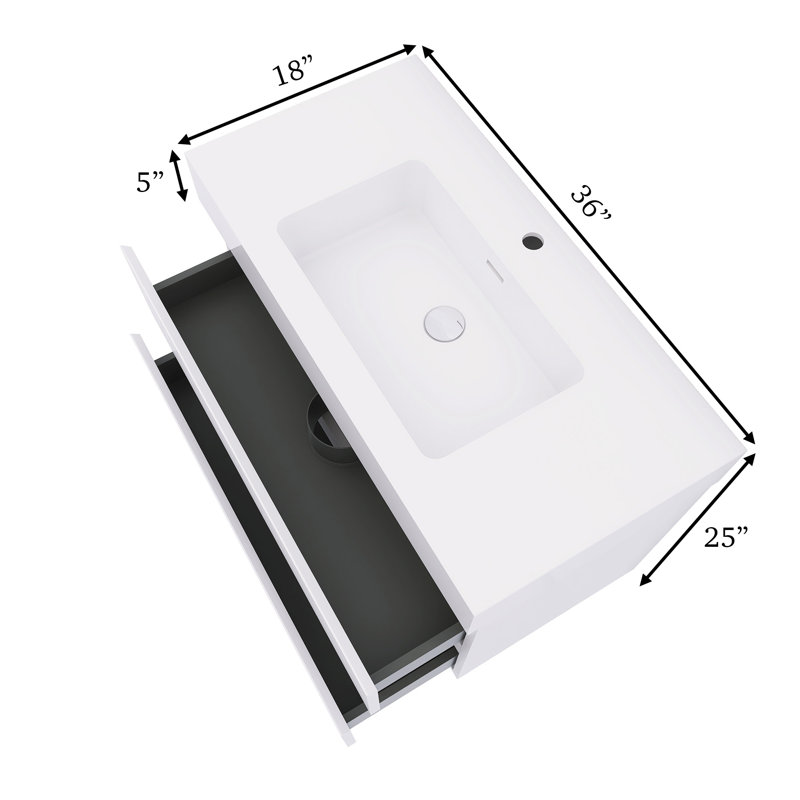 Meuble-lavabo flottant mural 36 po avec lavabo, Blanc, Blanc