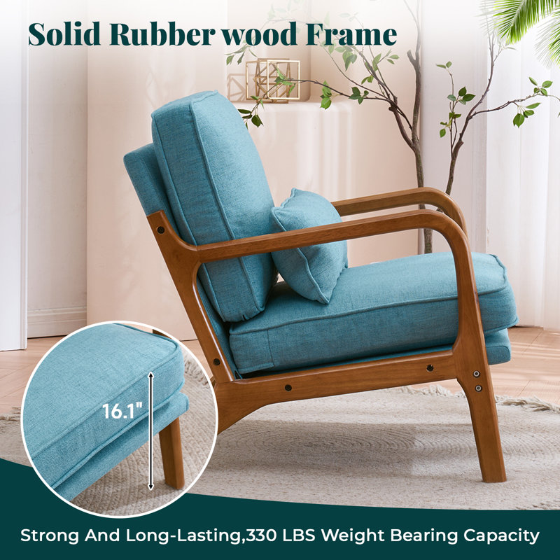 Lemley Mid Century Solid Wood Accent Chair Upholstered Armchair With An Extra Pillow （Set Of 2), Blue Linen Blend