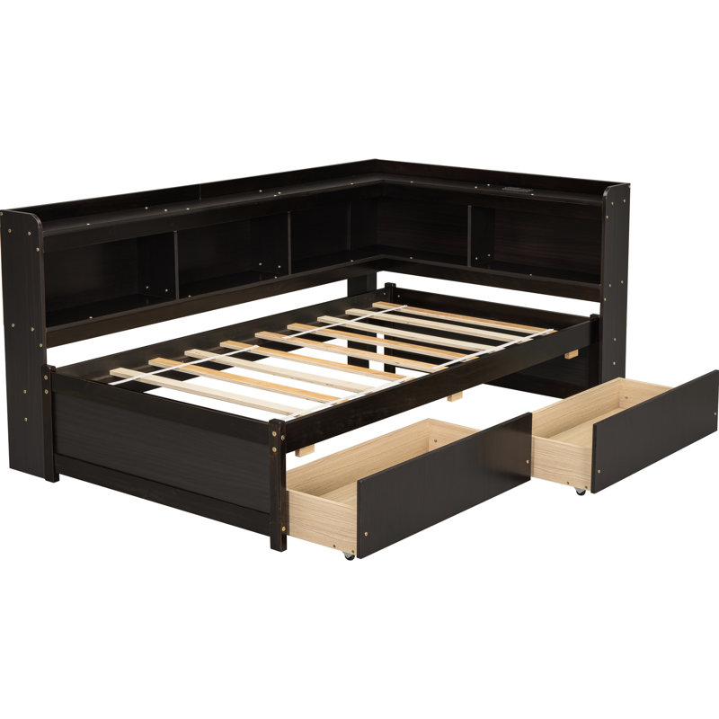 Lit simple avec 2 tiroirs en forme de L et bibliothèque, lit en pin avec prises de courant, construction résiliente, Espresso