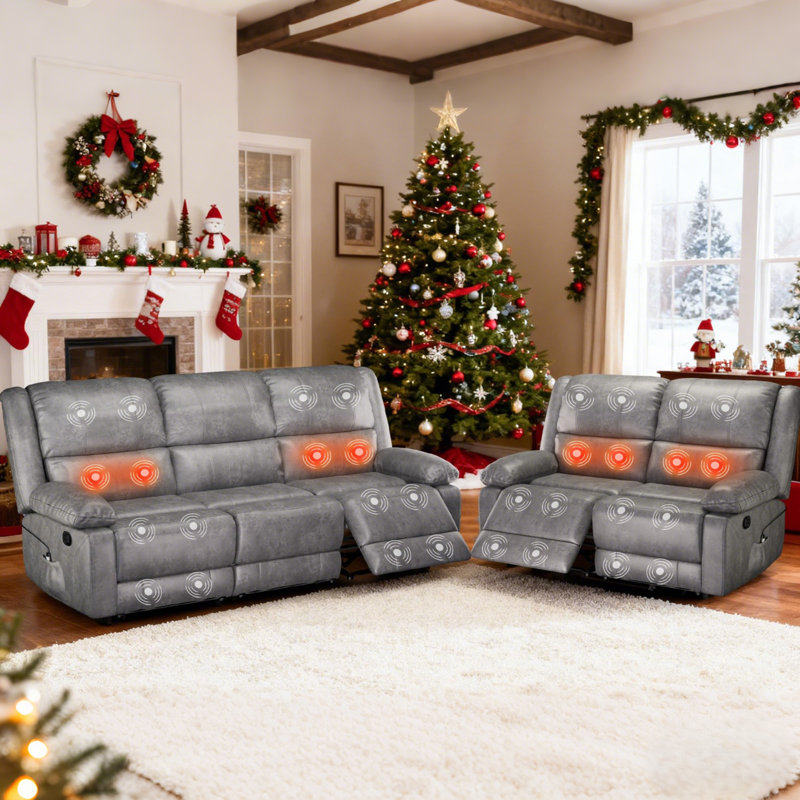 Ensemble de canapé inclinable, 2 fauteuils manuels en cuir pour le salon, fonction de massage et de chaleur, sièges de salon de style théâtre avec poches latérales, porte-gobelets