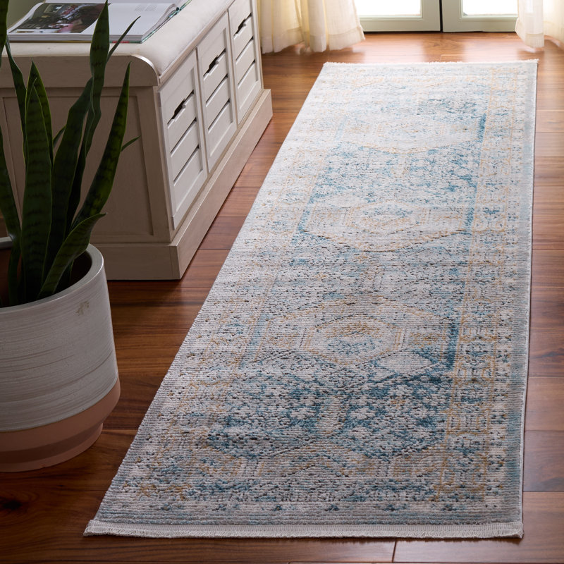 Tapis bleu / doré Qumin, Tapis de couloir 2 pi 2 po x 8 pi