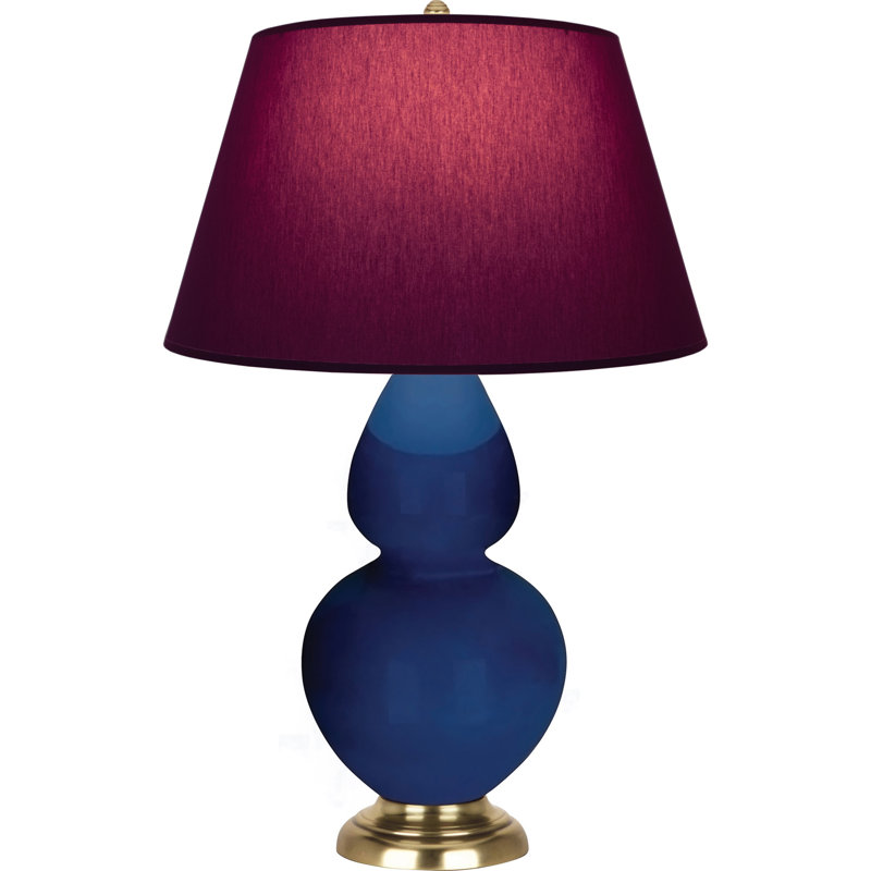 Lampe de table double gourde en céramique, Bleu vif / gris, Cobalt verni / laiton, Laiton