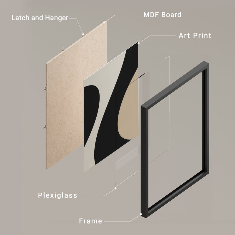 "Modern Abstract Curves", ensemble de 3 reproductions d'art mural encadrées - motif géométrique minimaliste noir, beige et blanc, œuvre d'art contemporaine pour le salon ou le bureau
