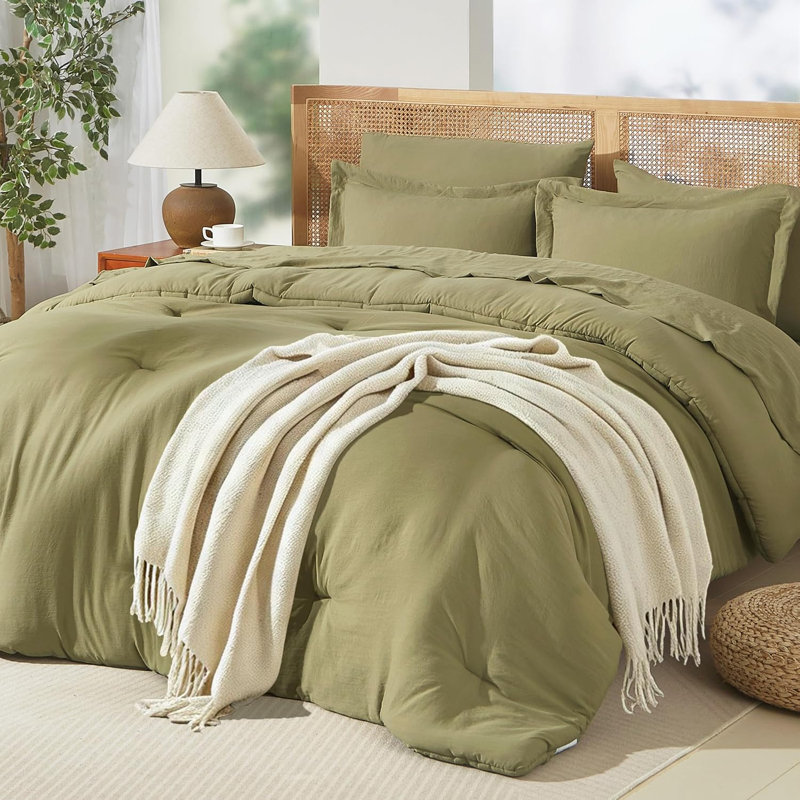 Ensemble de couette prélavée Suncomfy pour lit Cal King, 7 pièces, vert olive, Très grand californien, Olive Green