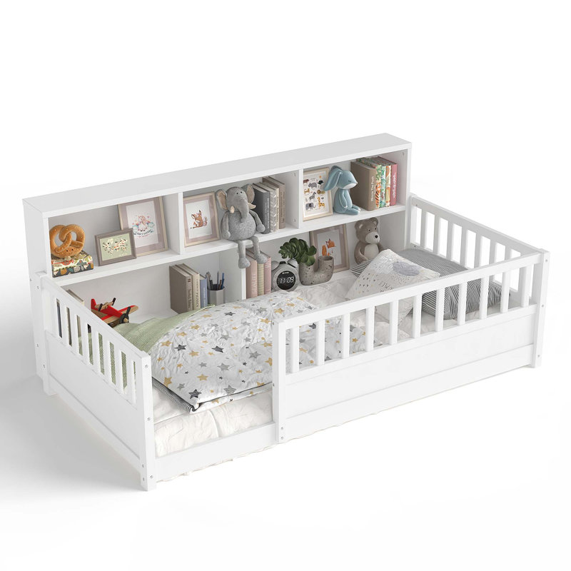Wooden Floor Bed with A Fence-Style Guardrail,Featuring a Side Storage Decorative Function, Twin, White