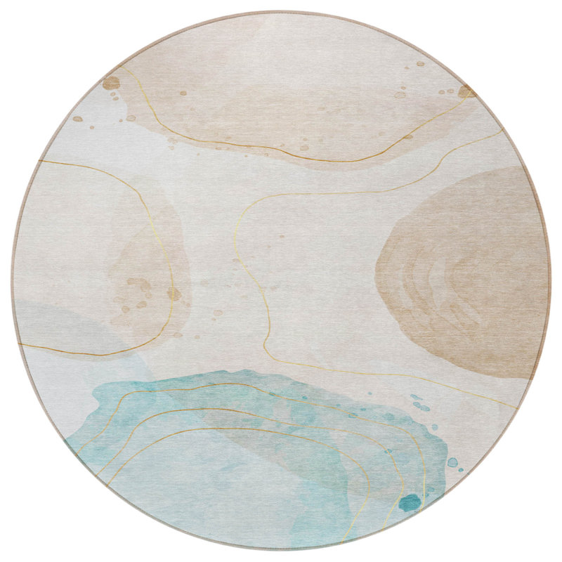 Tapis extérieur rond lavable et antidérapant rond 8 pi beige et bleu