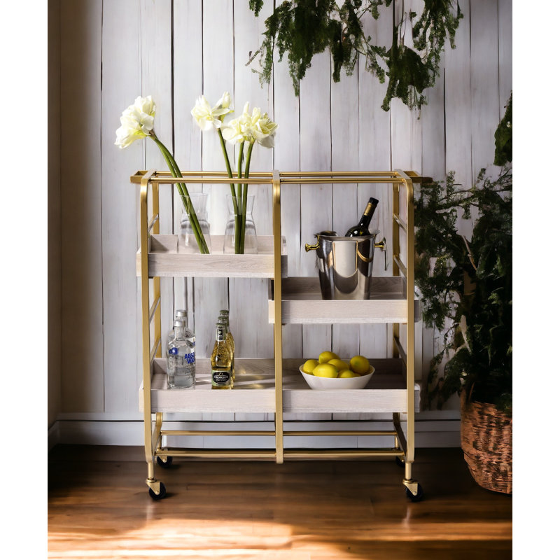 Chariot doré et blanc avec 3 plateaux en bois, base en métal pour le rangement du bois, Doré / Blanc