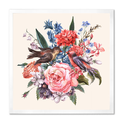 «Floral Bouquet With Roses Hyacinths And Birds», reproduction d'art sur toile traditionnelle