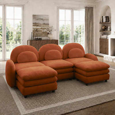 Modular Curved Sofa with Double-Layer Cushions and Movable Ottomans