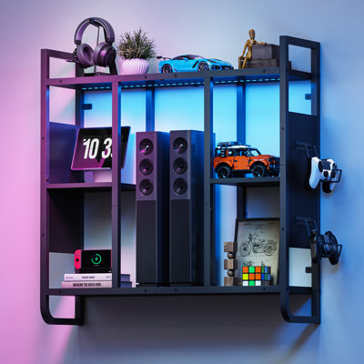 3-Tier LED Gaming Floating Shelves, 3-Tier Wall Mounted Shelf for Wall Storage, Pipe Shelves Hanging Display Rack, with 2 Controller Hooks, for Gaming Room Decor, Kitchen, Home Bar