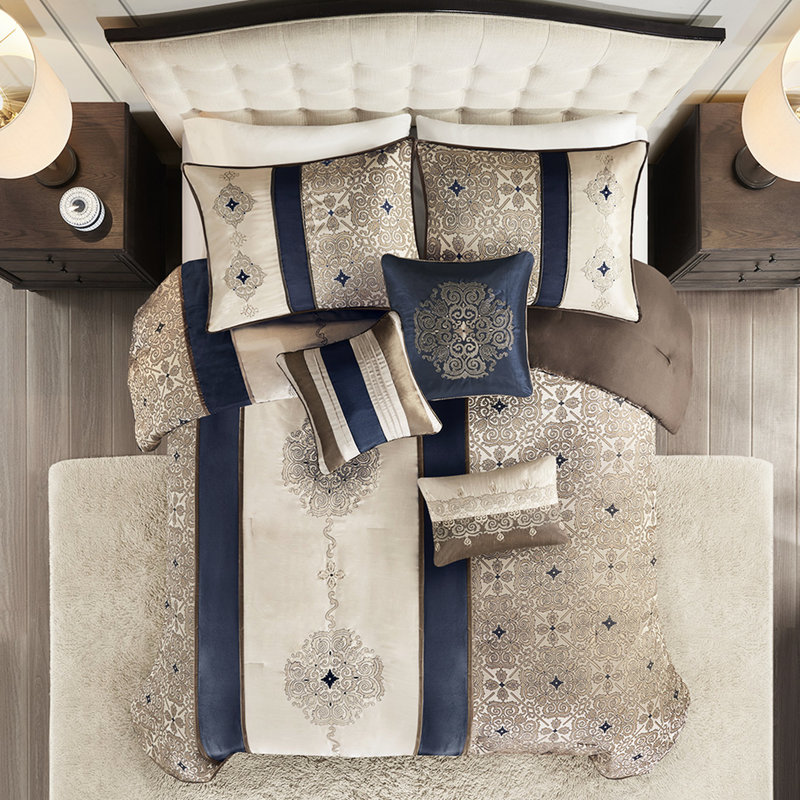 King 7 Piece Bedding - Navy With & Pillows Throw