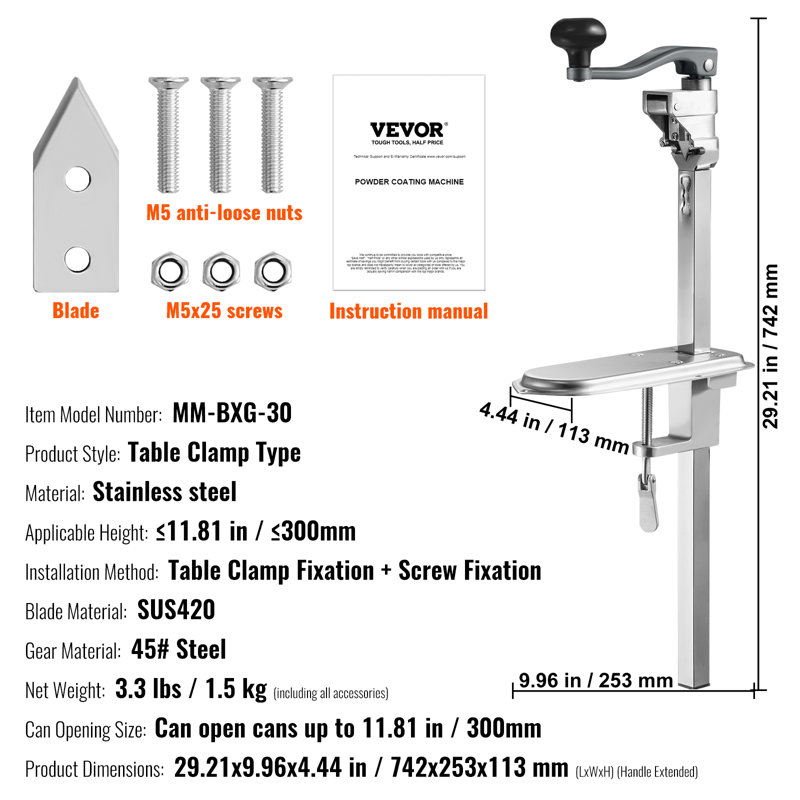 Commercial Steel Table Clamp Manual Can Opener with Ergonomic Handle