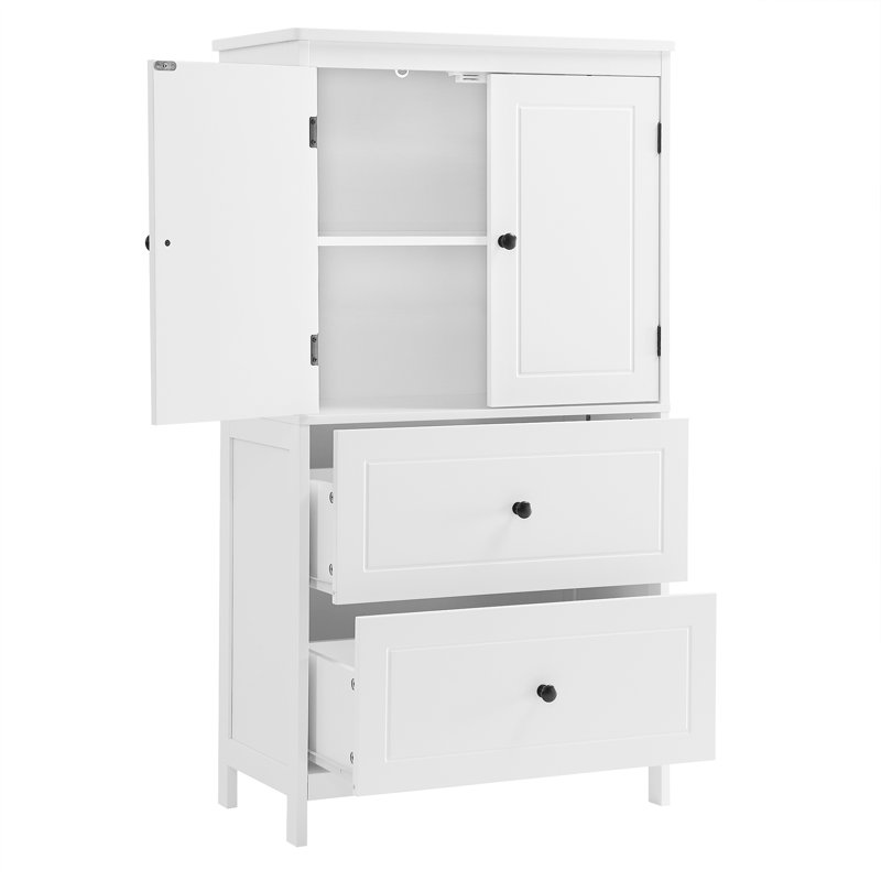 Armoire de rangement pour salle de bain, armoire avec deux portes et tiroirs, tablette réglable, panneau de fibres à densité moyenne