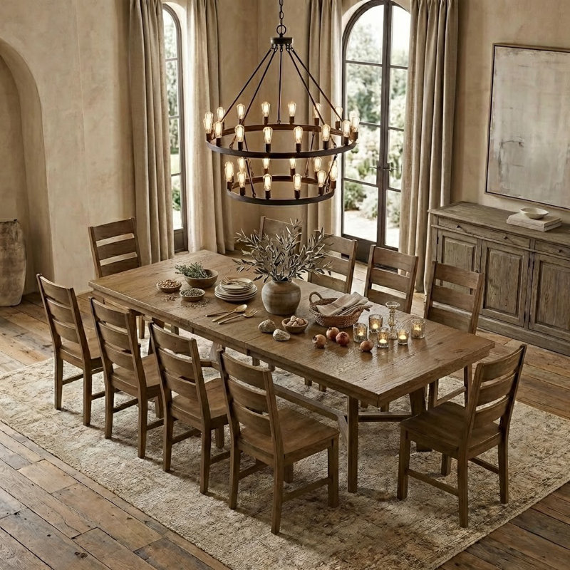 Alderon Modern Extendable Rectangular Dining Table Set, Brown, 11 Pieces: Table, 10 Chairs