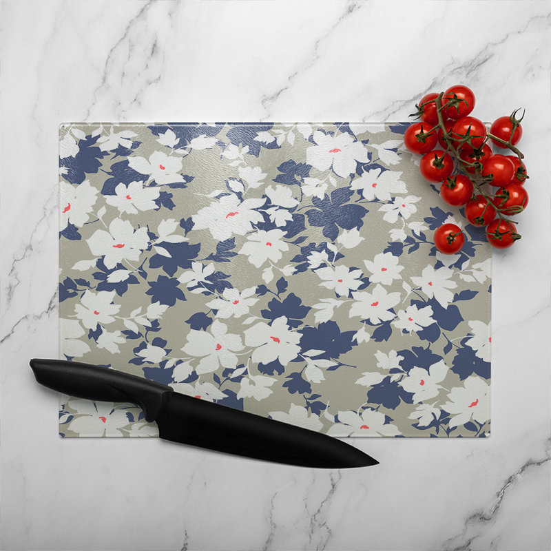 White Flowers Glass Chopping Board, 40cm L x 28cm W